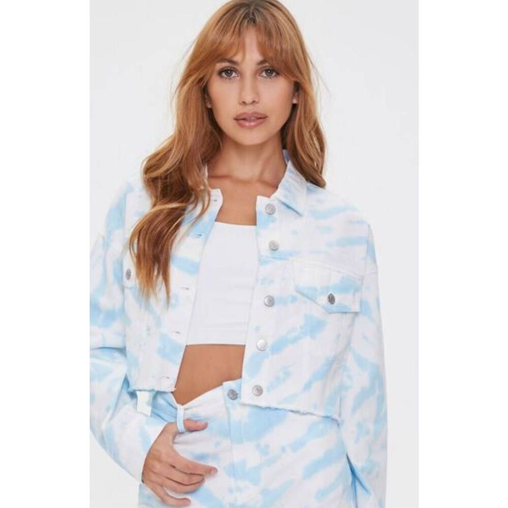 Forever 21 Womens Blue Jean All-Over Tie Dye Cloud Button Denim Jacket sz L Boho